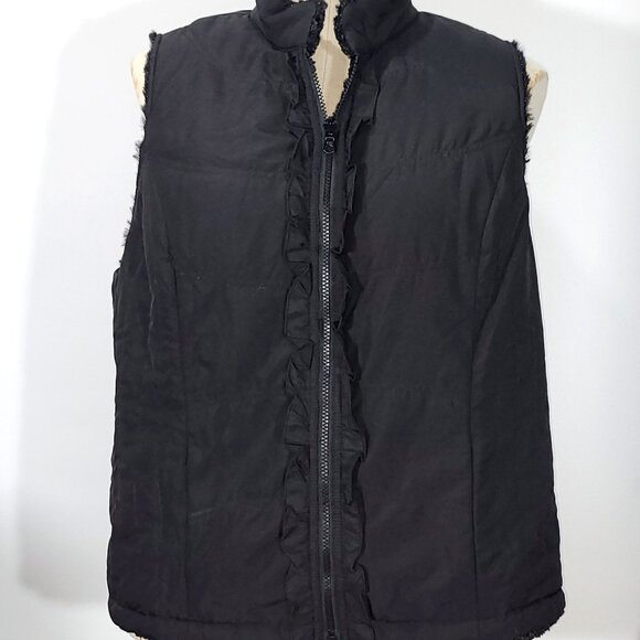 Black Faux Fur Reversible Zip Front Vest with Ruffle Accent on Reverse Size L - Picture 2 of 5